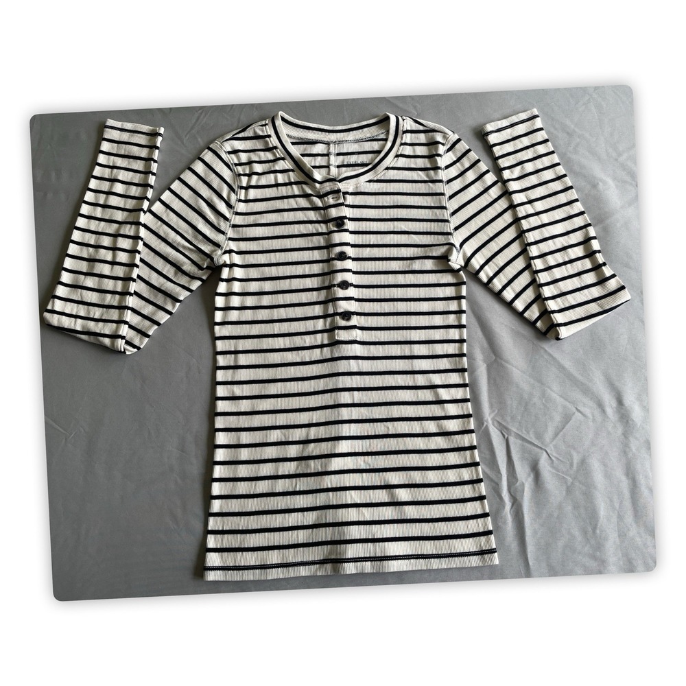 Everlane Striped Rib Knit Henley Top XS Black Cream 3/4 Sleeve NWOT